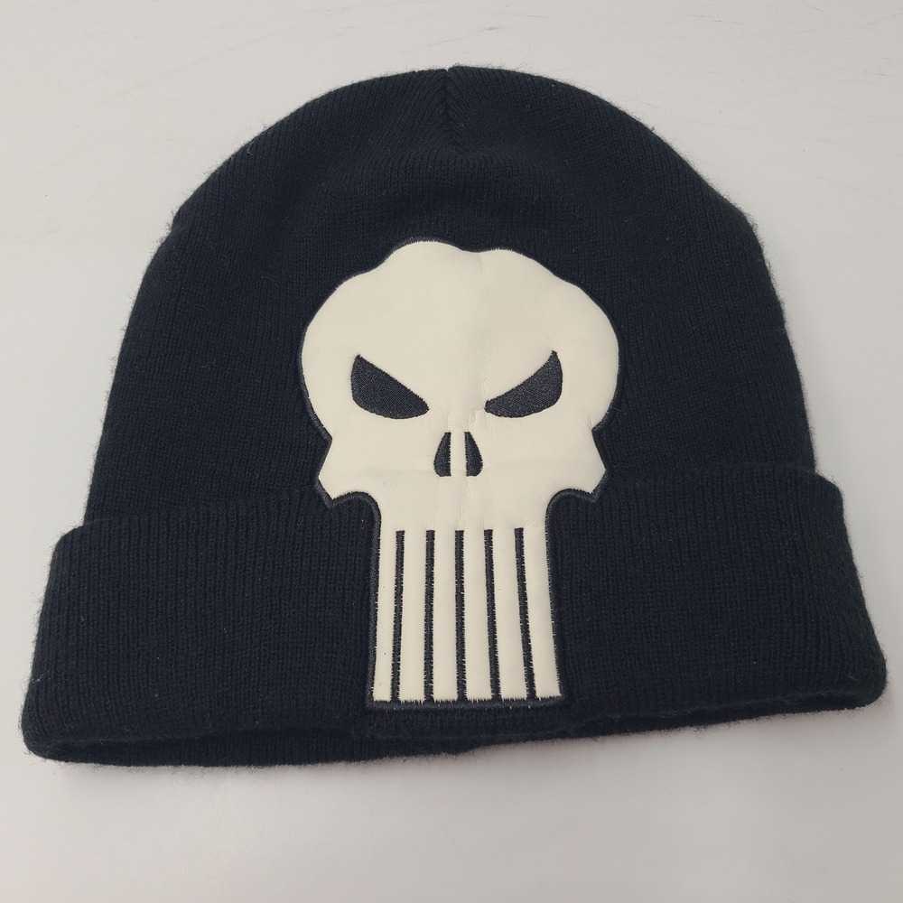 Marvel Punisher Hat Beanie Black White Skull Logo Cuffed Knit Stocking Cap Men